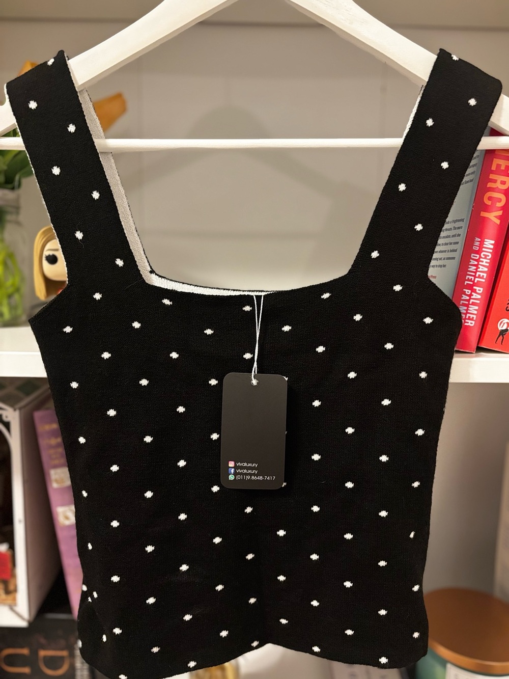 Black Polka Dot Square Neck Knit Tank